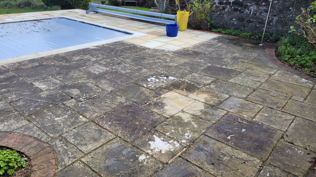 Swimming pool surround area cleaning, sandstone patio cleaning 52